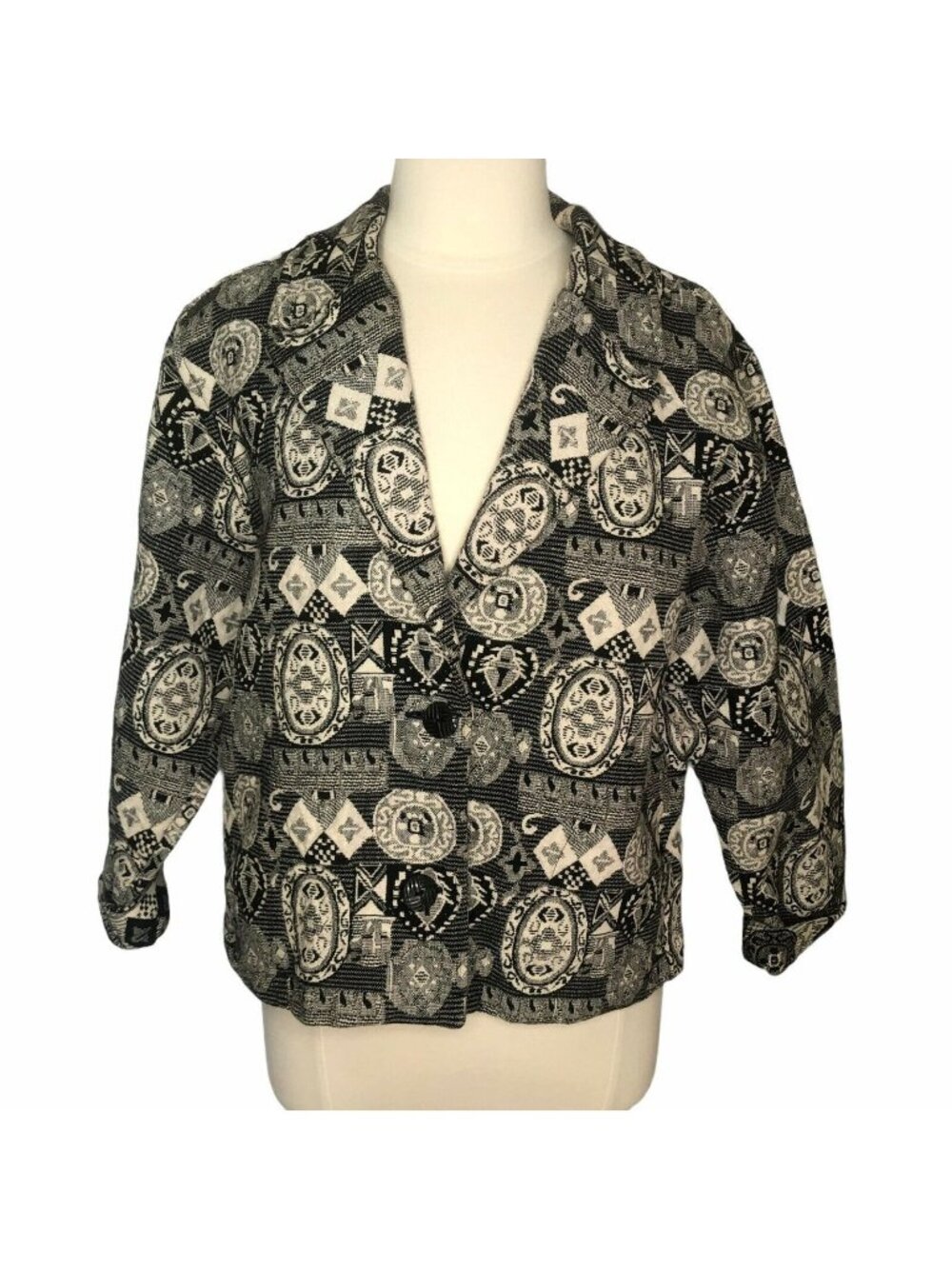 Chicos Blazer Jacket Size 2 Black White Embroidered Tapestry Granny Core
